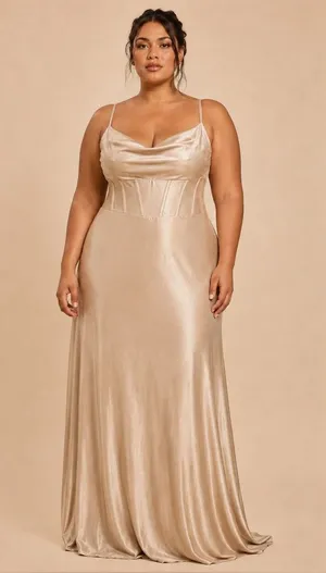 Windsor Taupe Satin Maxi Dress XL Cowl Neck Strappy Back Formal Gown NWT thumbnail 1