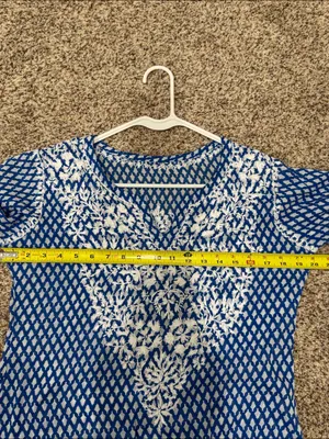 Mul cotton Blue and White Embroidered V-Neck Tunic Top kurti top thumbnail 6