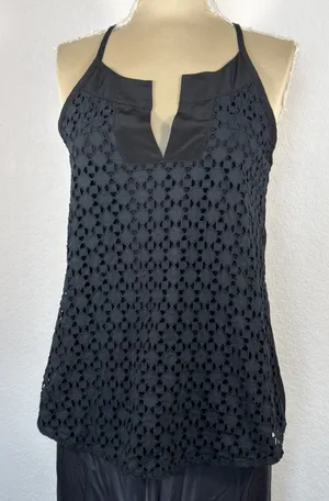 Athleta Dunes Eyelet Tank Top Women Small Black Tassel Tie Halter Boho Lace thumbnail 1