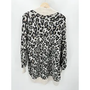 LOFT Leopard‎ Print Cardigan Sweater S Cream Open Front Cozy Knit Preppy Chunky thumbnail 3