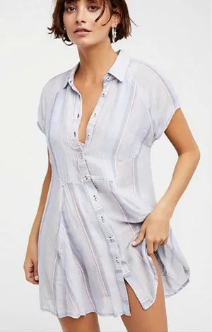 Free People New Spring Love Tunic Top Womens S Blue Striped Button Front Beachy thumbnail 1