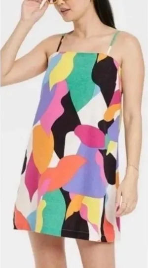 A New Day Linen-Blend Dress Womens L .Colorful Abstract Mini Shift Mod Artsy thumbnail 1