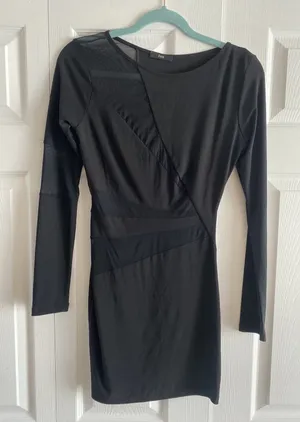 Fora Mesh Panel Bodycon Mini Dress Womens S Black Long Sleeve Sheer Sexy Edgy thumbnail 1