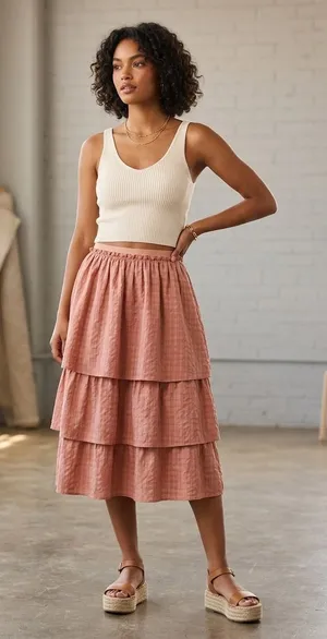 NWT Liuou Oval Tweed Elastic Top Tiered Ruffle Pink Barbie Coquette MIDI Skirt 16. thumbnail 1