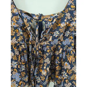 Topshop Blouse Womens 10 Blue Floral Boho Square Neck Puff Sleeve‎ Tie Front Zip thumbnail 2