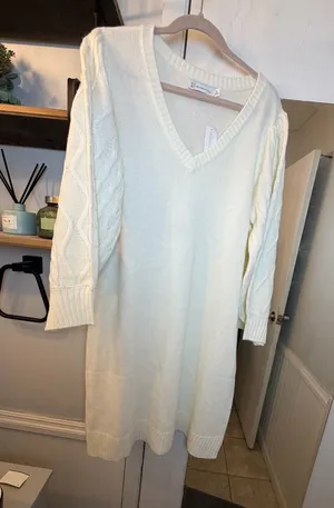 New York & Company Cream V-Neck Cable-Sleeve Sweater Dress thumbnail 1