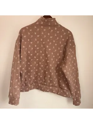 Pink Lily Floral Print Slit-Neck Sweatshirt Brown Size Large Long Sleeve thumbnail 3