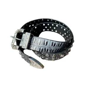 Source Unknown Western Croc‎ Embossed Studded Rhinestone Belt Black Silver Embossed Buckle thumbnail 4