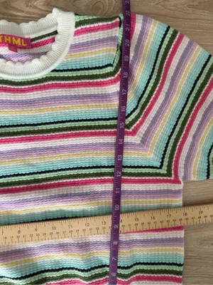 THML XS Stripe Multi Color Puff Short Sleeve Sweater Knit Pastel Crew Preppy thumbnail 4
