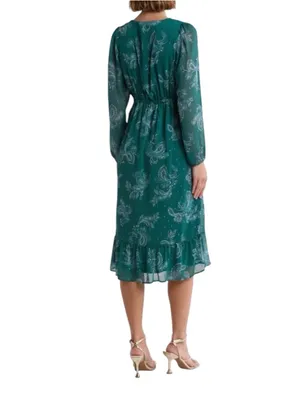 Lucky Brand - NWT Teal Paisley Chiffon Midi Dress Long Sleeve Metallic Sz M thumbnail 2