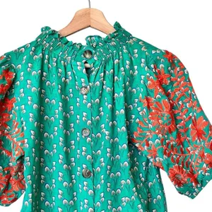 THML Verde S Mock Neck Embroidered floral Puff Sleeve Green blouse thumbnail 6