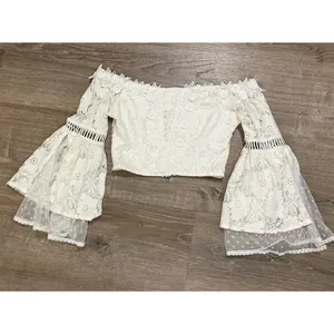 White Bell Sleeve Off Shoulder Top Women's Small Boho Festival Crop Lace thumbnail 2