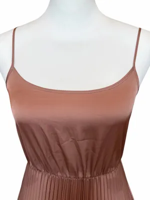All Saints Pleated Satin Dress Size XS Brown Sleeveless Square Neck Maxi Pockets thumbnail 4