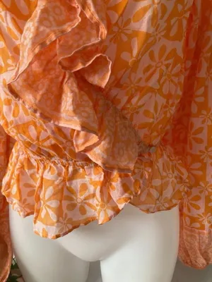 Free People 70s Retro Orange Pink Floral Ruffle Wrap Blouse Boho Peplum Top L thumbnail 9