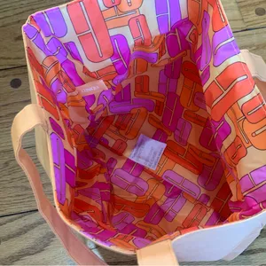 Macys Clinique Large Shopping Shoulder Travel Orange Tote Bag With Pink C Logo thumbnail 6