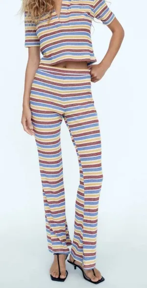 NWT Zara Rib Texture‎ Striped Pull On Flare Pants in Multi Size Medium thumbnail 1