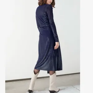 & Other Stories Sheer Metallic Long Sleeve Midi Wrap Dress Navy Blue Size 2 thumbnail 3