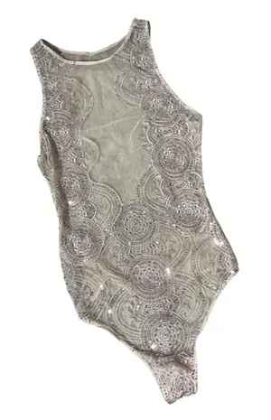 Sequin Festival Mesh Medallion Bodysuit Women M Gold Sheer Sleeveless thumbnail 1