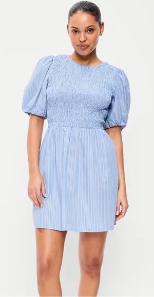 Old Navy Smocked Puff-Sleeve Flare Mini Dress - Light Blue thumbnail 1