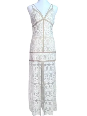 Ecru Split Front Lace Maxi Dress M Cage Spaghetti Straps Prom Beach Wedding thumbnail 3