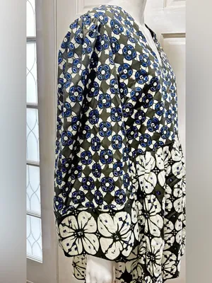 Tuckernuck 100%Cotton Boho Olive & Blue Floral Print Pleated Dress Size Large thumbnail 5