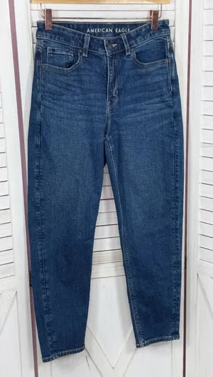 American Eagle Mom Jeans Women 2 Short Blue Tapered Leg High Rise Stretch Y2K‎ thumbnail 1