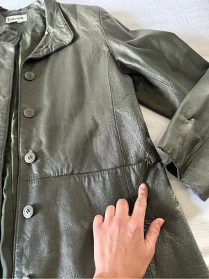 Bagatelle Olive Green Long Leather Jacket, size 14 thumbnail 13