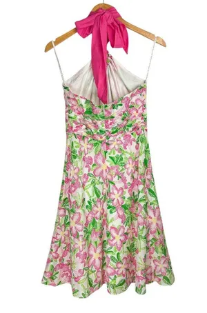 Lilly Pulitzer Floral Midi Dress Sz 2 Cotton Silk Blend Halter Neck Bow Tie Back thumbnail 2