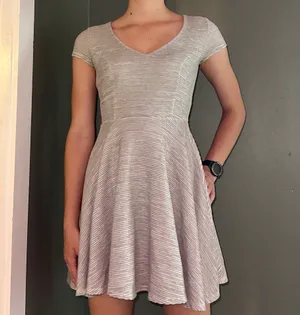 Francesca's Collections Light Gray Striped V-Neck Fit & Flare Dress thumbnail 2