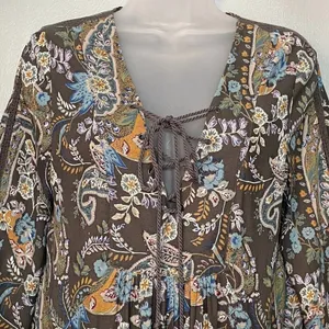 Free People Babydoll Dress Size Small Paisley Peasant Boho Mini Lace Up Fairy thumbnail 2