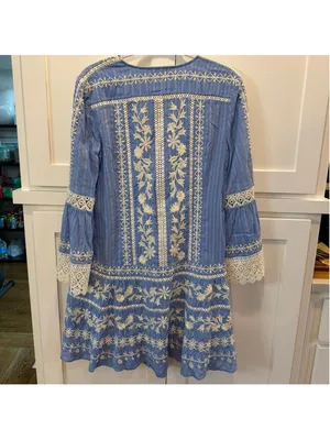 Tory Burch Light Blue Embroidered Crochet Bell Sleeve Tunic Coverup Dress Sz 6 thumbnail 15