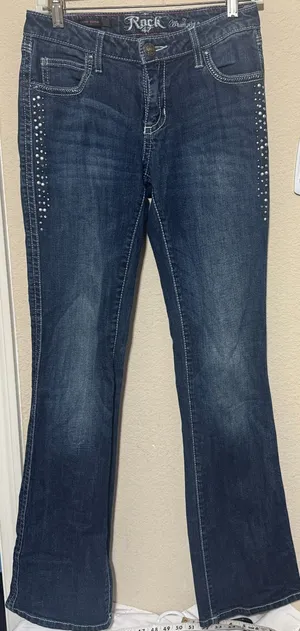Y2K Wrangler‎ Rock 47 Low Rise Blue Jeans Women’s Studded Flare rhinestone 4/27 thumbnail 1