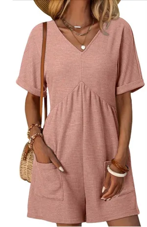 NEW Soft Casual Short Sleeve V Neck Zipper Short Romper M thumbnail 1