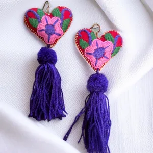 Colorful embroidered heart tassel earrings thumbnail 1