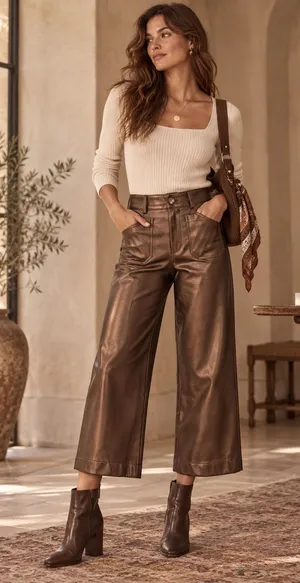 Maeve Anthropologie Colette Metallic Faux Leather Crop Wide Leg Pants 23 Y2K Moto Chic thumbnail 1