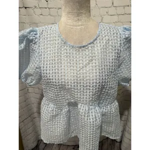 Maeve Anthropologie Blue Sheer Shirt Puff Sleeve Babydoll Top Size Medium thumbnail 2