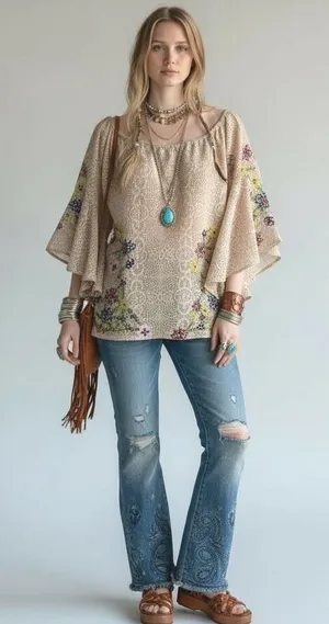 Judith March Shirt Women Large Beige Lace Embroidered Bell Sleeve Tunic Boho‎ thumbnail 1