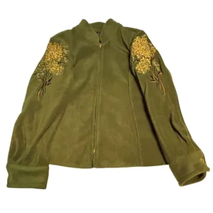 Bob Mackie Wearable Art Olive Embroidered Fleece Jacket Women's Medium Zip thumbnail 1