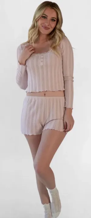 Pink Rose Ribbed Button-Front Long Sleeve Top & Shorts Sleep Set - Light Pink thumbnail 1
