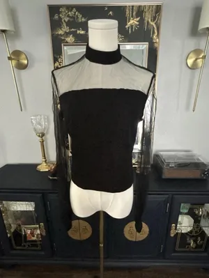 Shein Women’s Sheer Sleeve Black Blouse Long Sleeved W/Collar Size Medium thumbnail 3