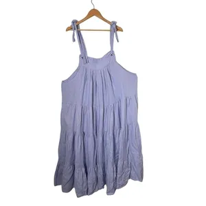 Womens Tiered Tie Should BOHO Pinafore Maxi Dress OS Lavender 100% Linen thumbnail 5