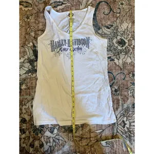 Harley Davidson White Tank Rhinestone Front Blue Trim Women's Small Schaefers PA thumbnail 4