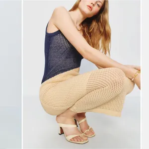 Toccin Blue Cream Crochet Midi Tank Dress SMALL Colorblock Knit Vacation $325 thumbnail 4