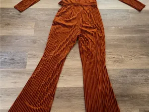 Striking a Pose Rust Orange Velvet Striped Long Sleeve Jumpsuit Size Small thumbnail 3