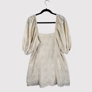 Jen's Pirate Booty Womens Dress Beige Mini Eyelet Puffed Babydoll A Line Small thumbnail 3