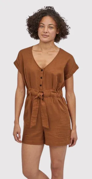 Patagonia Womens Romper Brown V Neck Organic Cotton Gauze Playsuit Tie Bow XS thumbnail 1
