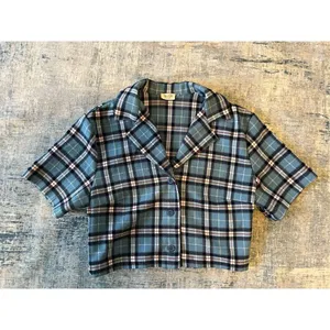 John Galt Blue Plaid Cropped Button Front Top One Size (XS / S) thumbnail 5