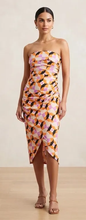 Anthropologie Women Dress XS Orange Pink Geometric Ruched Strapless Midi Wrap thumbnail 1