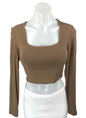 KN Klassy Network Women's Tan Knit Long Sleeve Square Neck Crop Top Size M thumbnail 1