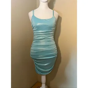 Lucy In The Sky Aquamarine Blue Shimmer Ruched Bodycon Dress Small thumbnail 2